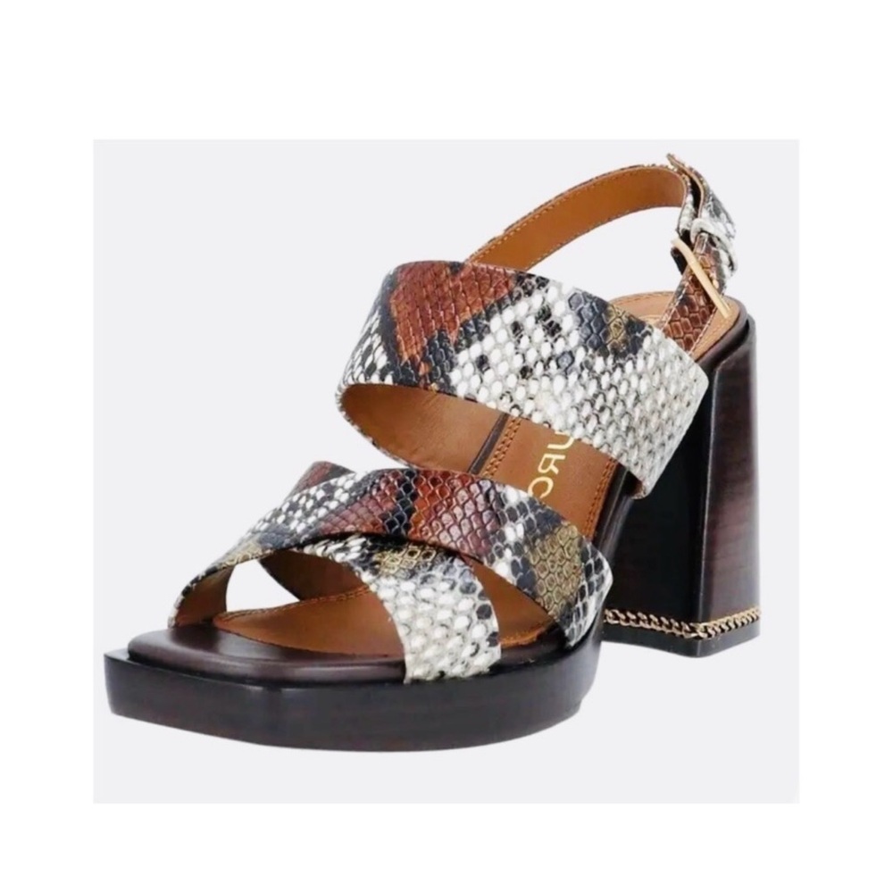 Tory Burch Ruby 95MM Brown and Tan Printed Snake 976 Leather Sandals Size 9